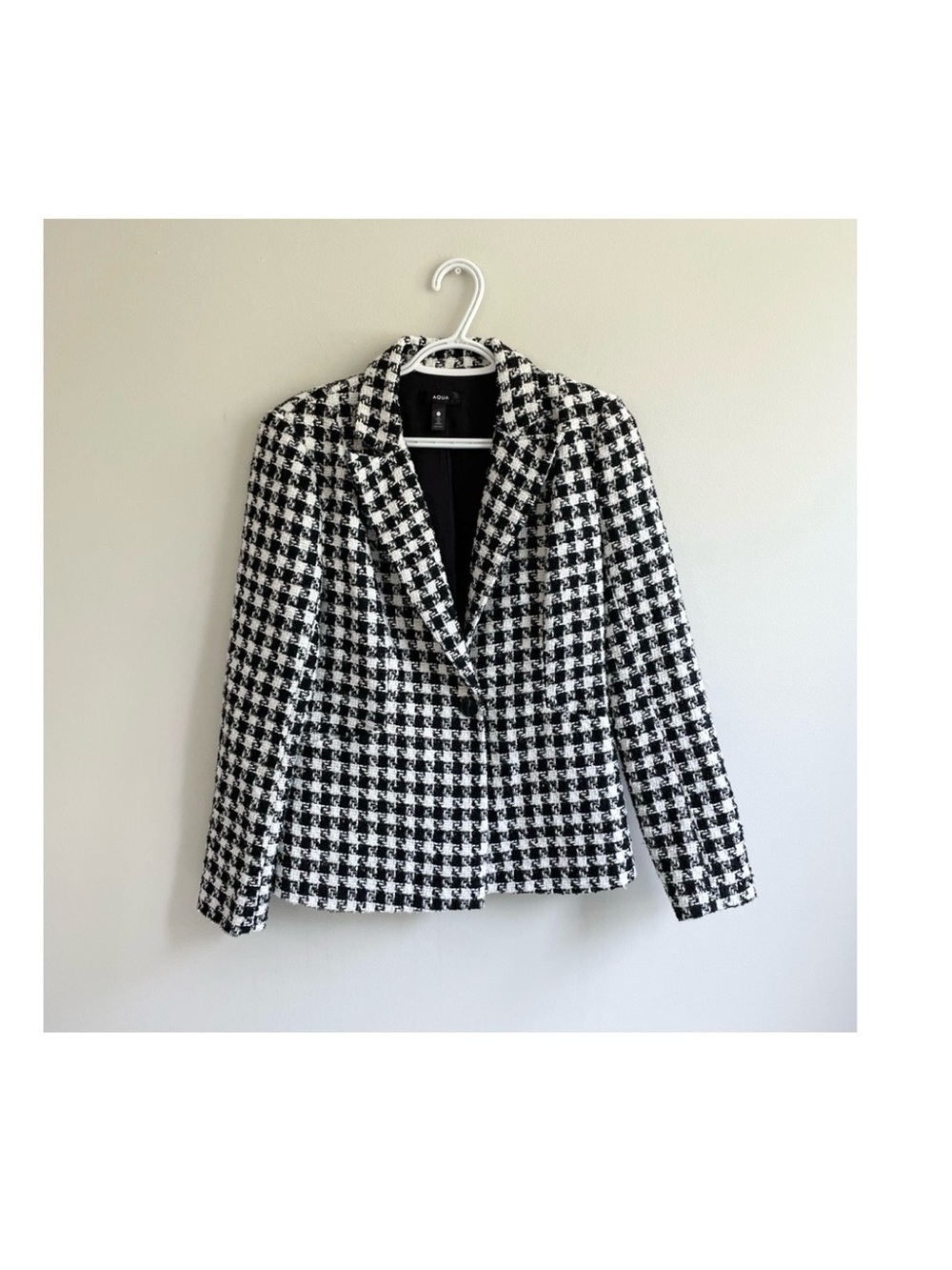 AQUA BLACK WHITE HOUNDSTOOTH BLAZER METALLIC THREADS SINGLE BUTTON FRONT POCKETS